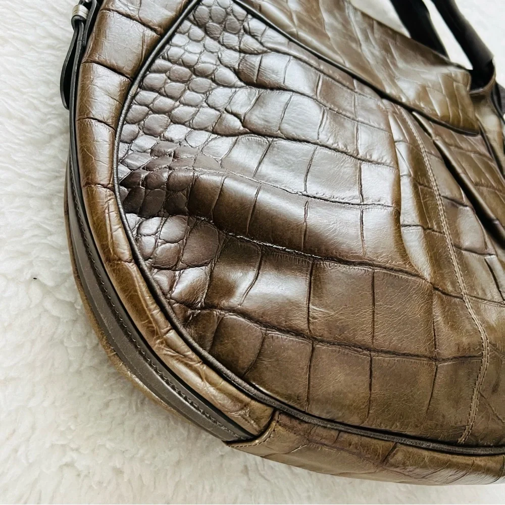 Francesco Biasia Italy Olive Crocodile Print Embossed Leather Large Bag